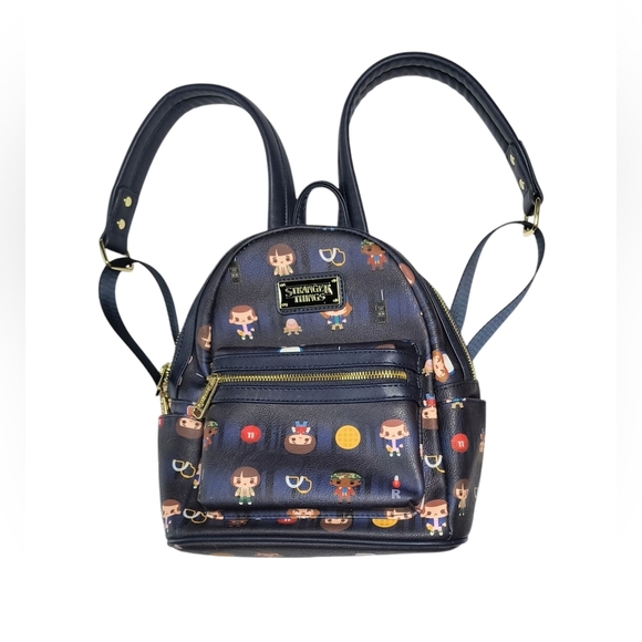 Loungefly Handbags - Loungefly Navy Blue and Gold Stranger Things Cartoon Characters Backpack